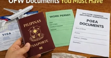 Philippine passport, work permit, POEA documents, visa papers, and boarding pass arranged together showing essential documents OFWs must prepare before working abroad.