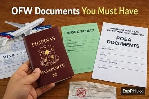 Philippine passport, work permit, POEA documents, visa papers, and boarding pass arranged together showing essential documents OFWs must prepare before working abroad.