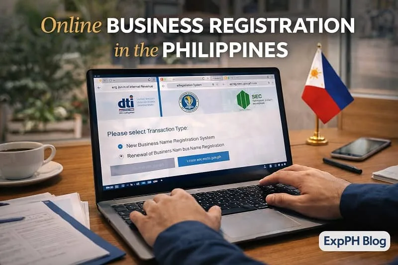 Filipino entrepreneur registering a small business online through DTI, SEC, and BIR websites on a laptop with Philippine flag and ExpPH Blog logo