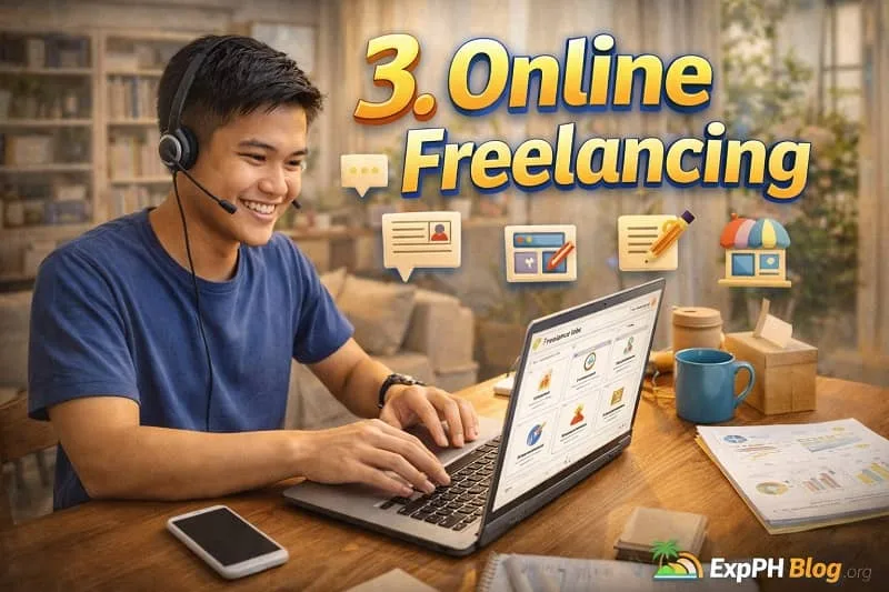 Filipino freelancer working on a laptop with headset at home showing online job platforms with text “3. Online Freelancing”