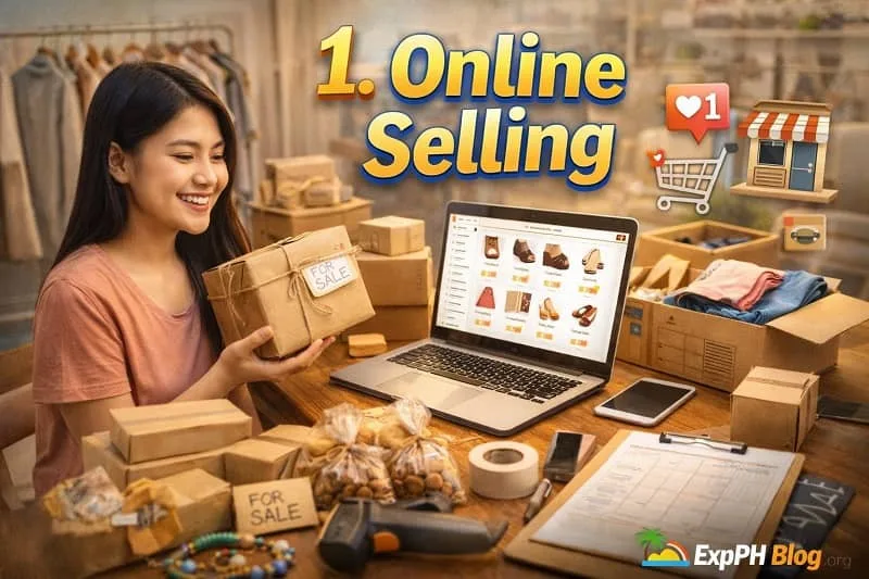 Filipino woman doing online selling at home with laptop, packed products, and shipping boxes with text “1. Online Selling”