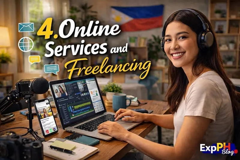 A realistic image of a Filipino freelancer working on a laptop with microphone, camera, and smartphone, featuring text “4. Online Services and Freelancing” and ExpPH Blog logo.