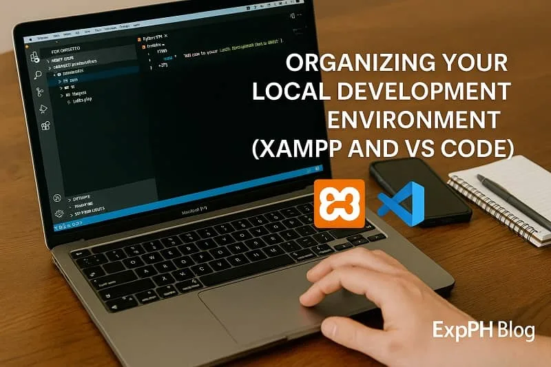 A realistic workspace with a laptop showing a well-organized VS Code project connected to XAMPP, alongside a notebook, pen, and smartphone on a wooden desk, representing organizing your local development environment, featuring the ExpPH Blog logo.