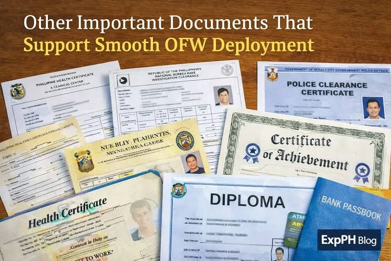 Health certificates, police clearance, bank passbook, insurance papers, and educational documents arranged together representing supporting OFW deployment requirements.