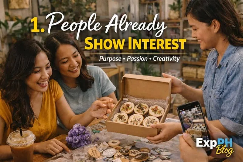 Filipino friends showing interest in homemade products and taking photos for social media