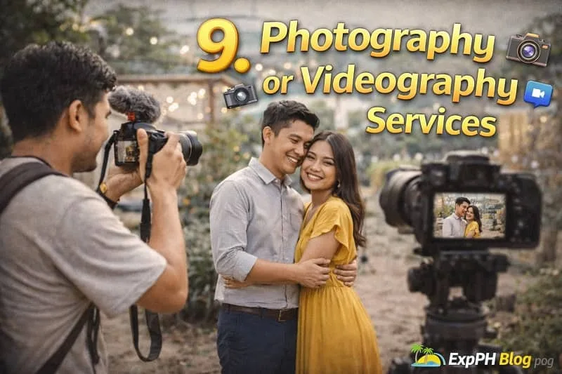 Filipino photographer holding a camera while filming or taking photos with professional gear and laptop with text “9. Photography or Videography Services”