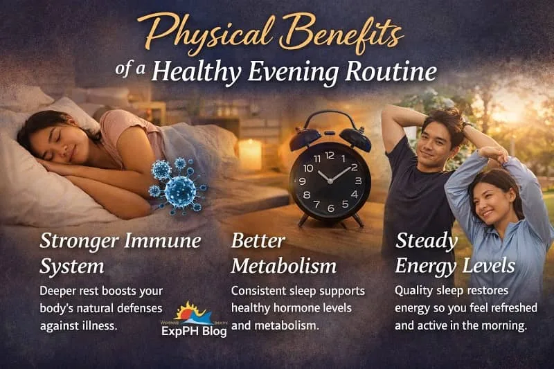 Realistic Filipino themed image showing physical benefits of a healthy evening routine including deeper sleep, stronger immune system, better metabolism and steady energy levels with ExpPH Blog logo