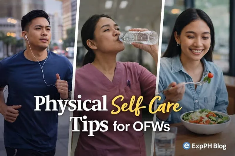 Filipino OFWs jogging, drinking water, and eating healthy food, representing physical self care tips for overseas workers