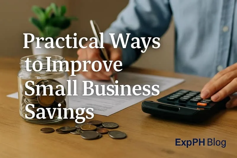 A small business owner writing on documents and using a calculator beside a jar of coins, representing practical ways to improve savings.
