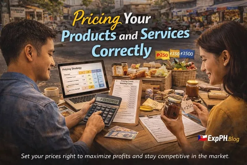 Filipino entrepreneurs calculating product pricing using calculator, reviewing costs, and setting price tags for products with ExpPH Blog logo