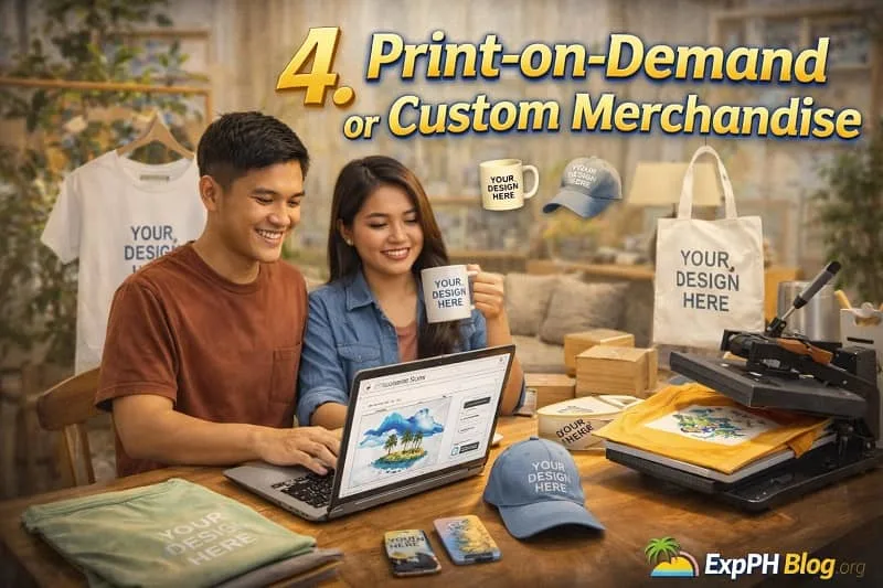 Filipino couple creating custom merchandise like t-shirts, mugs, and caps using laptop and printing machine with text “4. Print-on-Demand or Custom Merchandise”