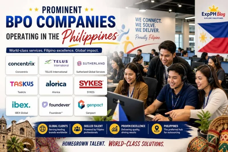 Filipino BPO professionals working in a modern office environment while showcasing prominent BPO companies operating in the Philippines, including customer service and outsourcing brands with the ExpPH Blog logo.