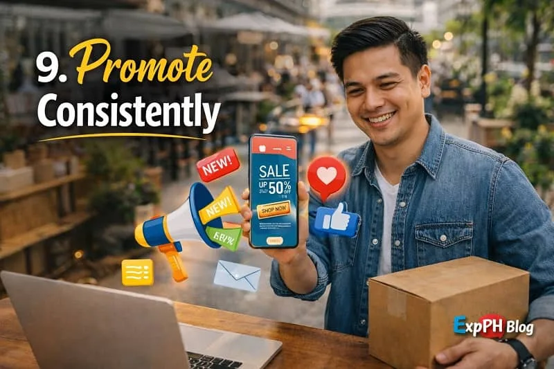 Filipino entrepreneur promoting products online using smartphone with sale ads social media icons and ExpPH Blog logo