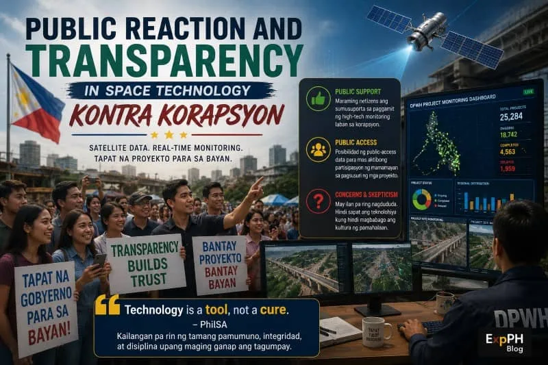 Realistic image of Filipinos supporting government transparency while DPWH personnel use satellite monitoring and digital dashboards to track infrastructure projects in the Philippines with the ExpPH Blog logo.