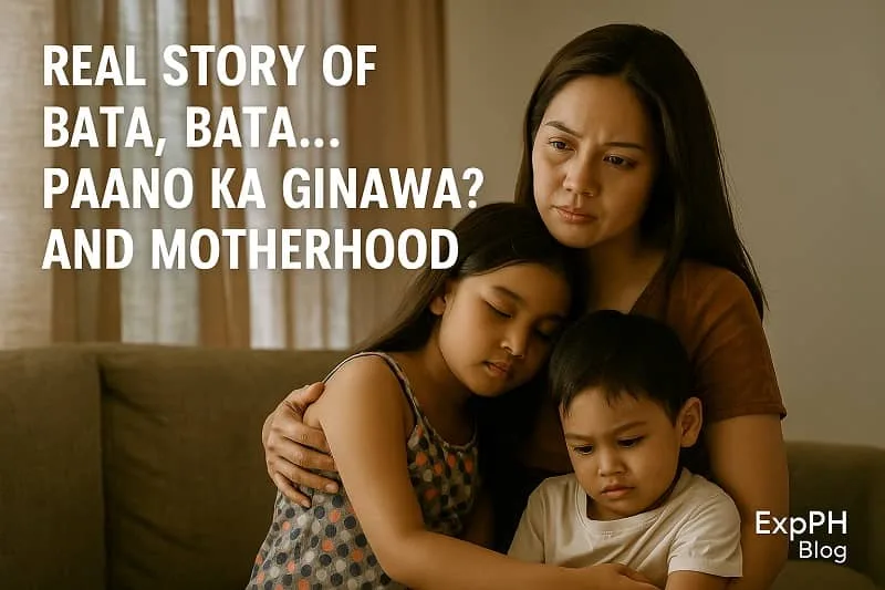 A realistic Filipino mother holding her two children in a warm home setting, symbolizing the emotional themes of Bata Bata Paano Ka Ginawa and motherhood.