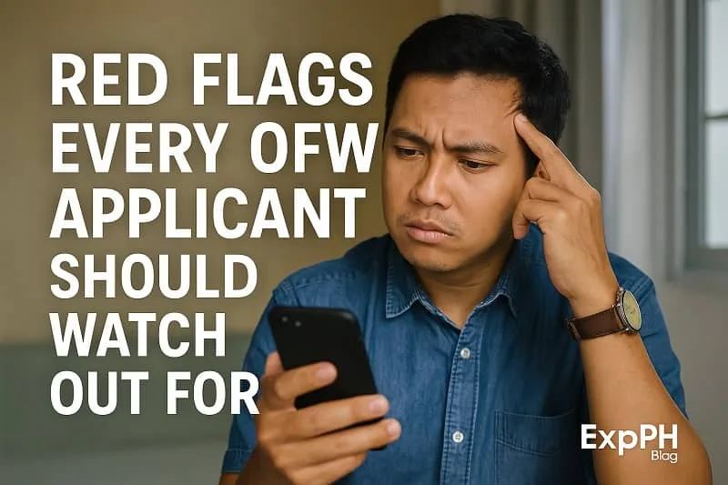 Concerned Filipino checking his phone while reviewing possible OFW recruitment red flags with ExpPH Blog branding.