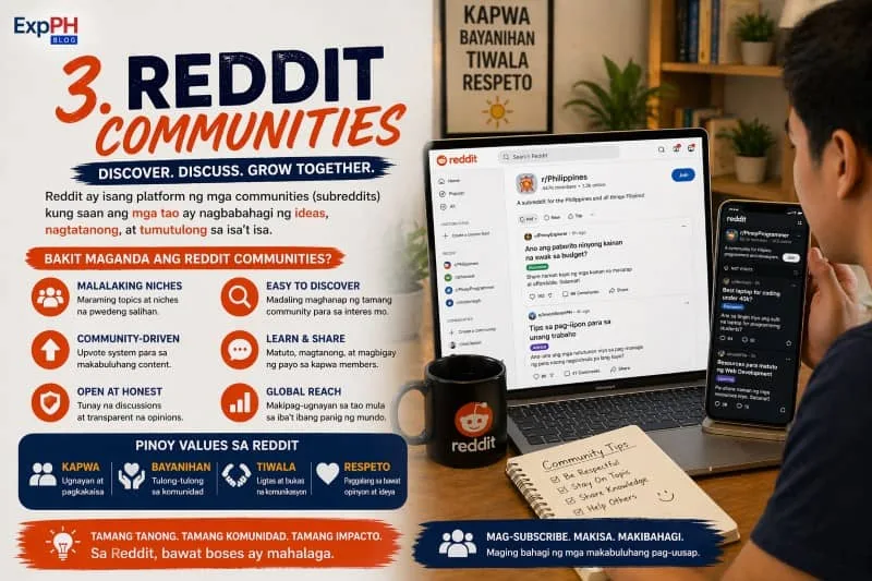 A Filipino user browsing Reddit communities on a laptop and smartphone, showing discussion threads, posts, and engagement within niche online groups.