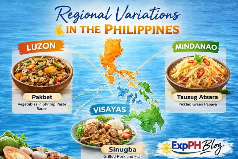 Realistic display of different Filipino atsara styles from Ilocano, Tagalog, Visayan, and Tausug regions with ExpPH Blog logo