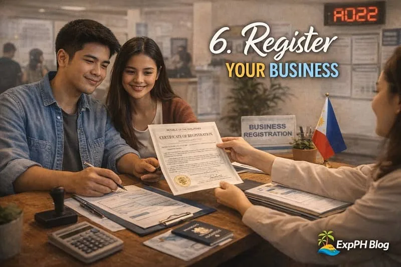 Filipino entrepreneur registering a business with documents forms and laptop at a government office setting with ExpPH Blog logo