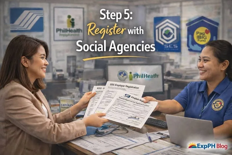 Filipino entrepreneur submitting documents for SSS, PhilHealth, and Pag-IBIG registration at a government office