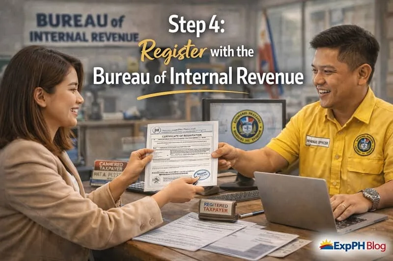 Filipino entrepreneur receiving BIR certificate of registration from a revenue officer with tax documents and government office setting
