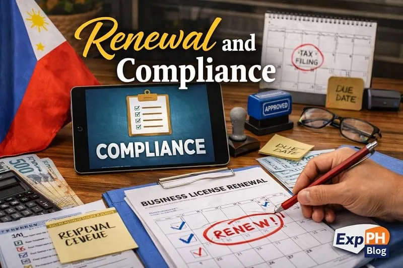 Filipino business owner reviewing renewal documents and compliance checklist with calendar, tax filing reminder, and Philippine peso bills on desk