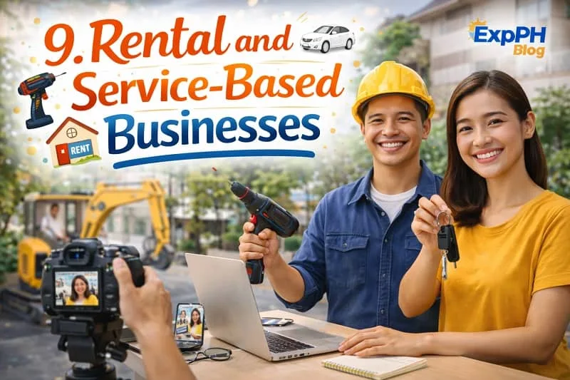 Filipino entrepreneurs promoting rental and service-based businesses with equipment and vehicle rental services