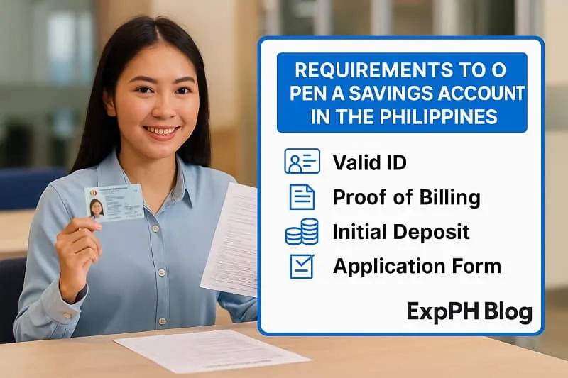 Filipina woman holding a valid ID and documents showing requirements to open a savings account in the Philippines with ExpPH Blog logo.