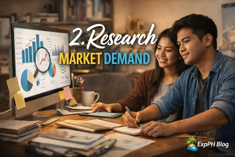 Filipino couple analyzing market demand using computer charts graphs and notes at home workspace with ExpPH Blog logo