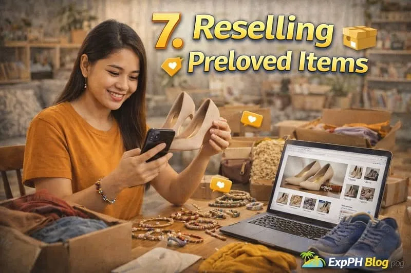 Filipina woman taking photos of preloved shoes and clothes for online selling using smartphone and laptop with text “7. Reselling Preloved Items”