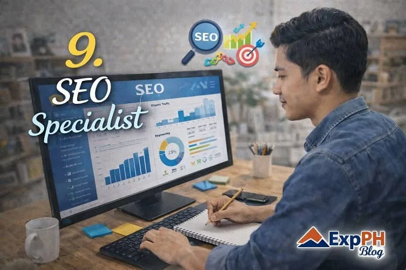 Filipino SEO specialist analyzing website data and graphs on a computer, representing search engine optimization jobs from home with ExpPH Blog logo