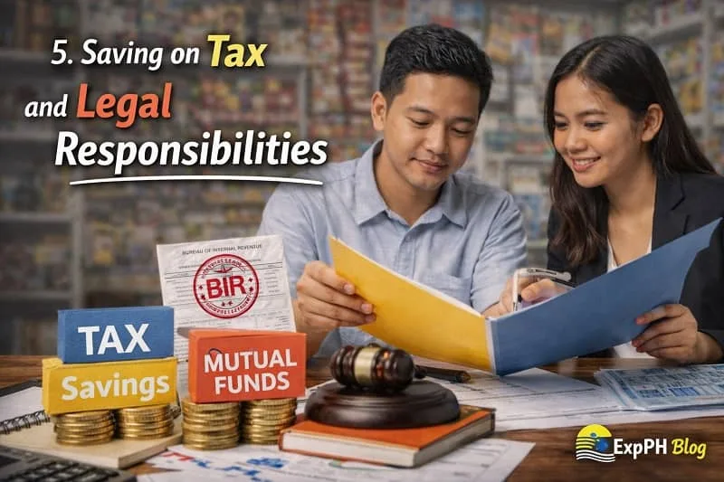 Filipino business owners reviewing tax documents with BIR form, calculator, and legal papers on table