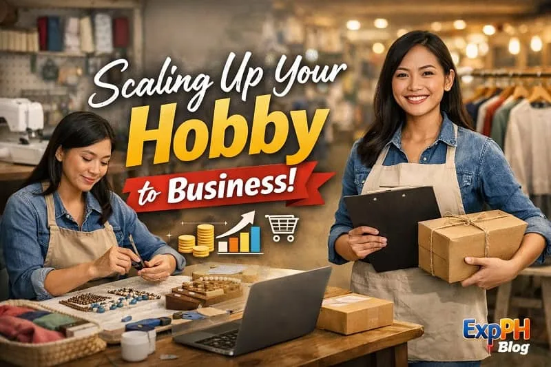 Filipino woman scaling her hobby into a business, crafting handmade products while managing orders and packaging items in a workshop