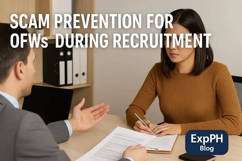 Filipino applicant reviewing documents with a recruiter during an interview, highlighting safe recruitment practices with ExpPH Blog branding.