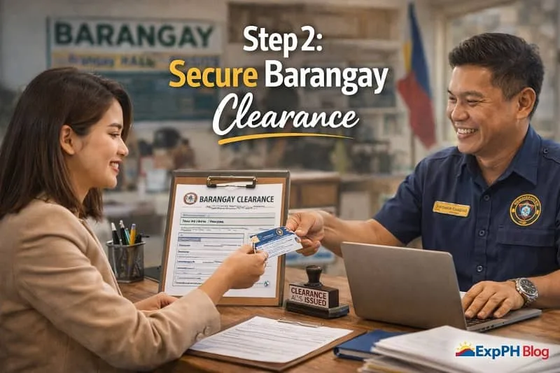 Filipino entrepreneur receiving barangay clearance document from a barangay office with official stamp and local government setting