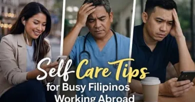 Collage of Filipino professionals working abroad including a nurse and office worker, representing self care tips for busy Filipinos overseas