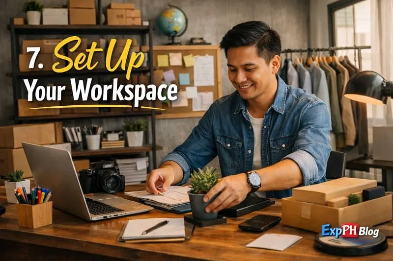 Filipino entrepreneur organizing a clean and productive home workspace with laptop desk tools and ExpPH Blog logo