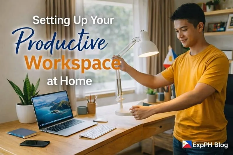 Filipino man setting up a productive home workspace with a laptop, desk lamp, keyboard, and organized desk