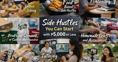 Filipino side hustles you can start with ₱5,000 or less, showing online selling, food-based businesses, freelancing, tutoring, crafts, reselling, affiliate marketing, photography, and content creation