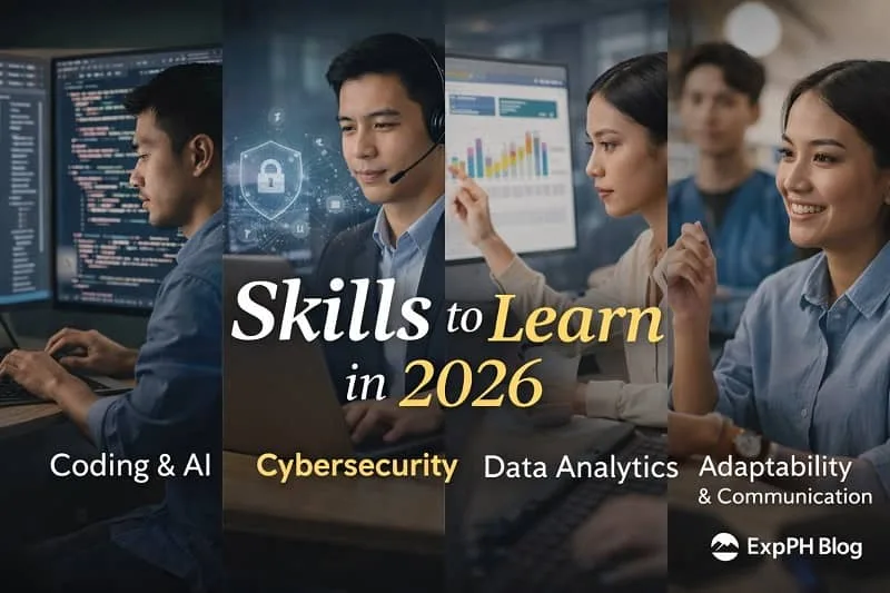 Filipino professionals learning coding, cybersecurity, data analytics, and communication skills for 2026 with ExpPH Blog logo