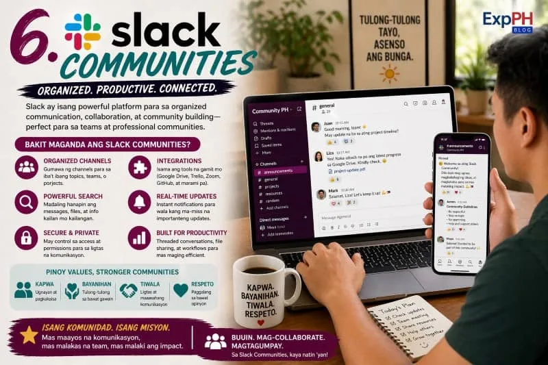 A Filipino professional using Slack on a laptop and smartphone, showing organized channels, team communication, and collaboration tools in a modern workspace.