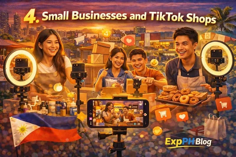 Filipino small business owners promoting products through TikTok Shop using smartphones and ring lights, with the ExpPH Blog logo visible.