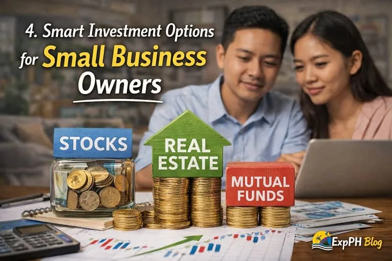Filipino couple reviewing investment options with coins, stocks, real estate, and mutual funds display