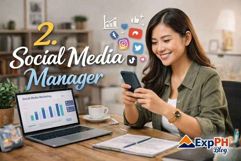 Filipina social media manager using smartphone and laptop with analytics dashboard, representing social media management work from home with ExpPH Blog logo