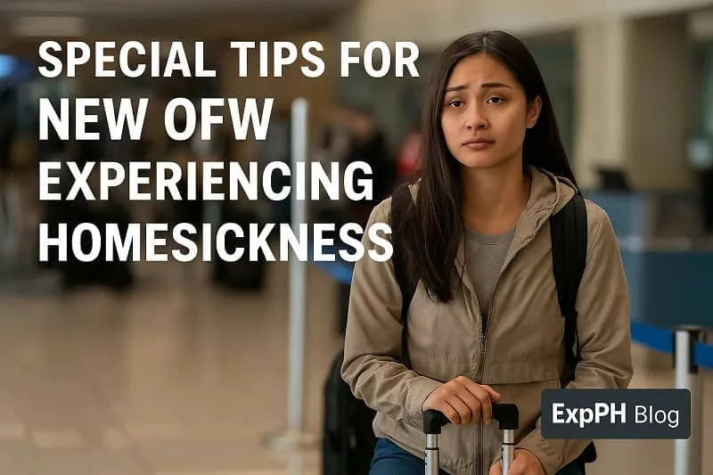 A realistic image of a young Filipina standing in an airport terminal with a suitcase, looking emotional and overwhelmed as she experiences homesickness, with the ExpPH Blog logo in the corner.
