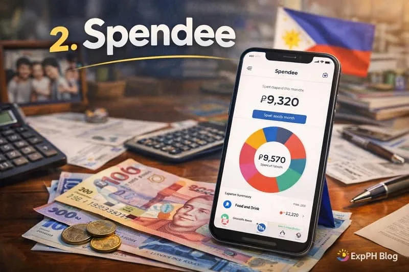 Spendee budgeting app displayed on a smartphone with Philippine peso bills and coins on a desk, featuring ExpPH Blog logo.