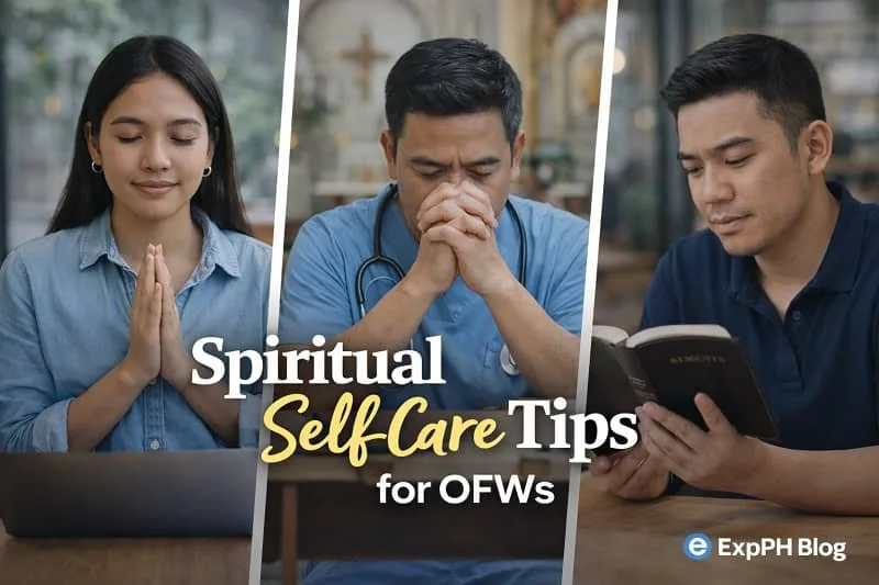 Filipino OFW praying quietly and reflecting in a peaceful setting, representing spiritual self care tips for overseas workers