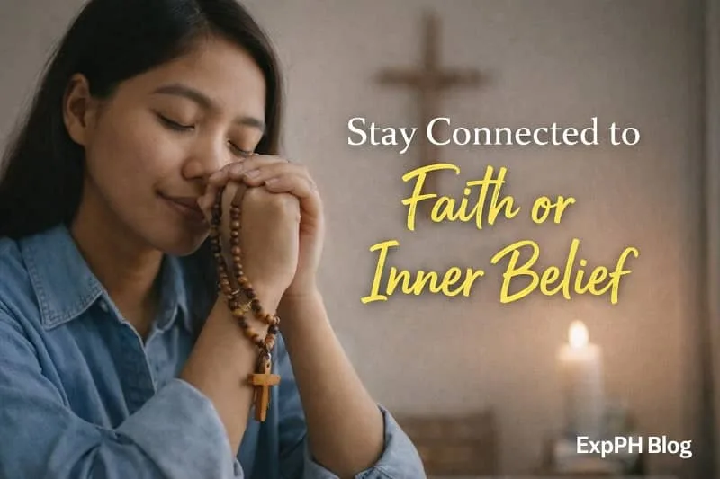 A Filipino woman praying quietly while holding a rosary, representing staying connected to faith or inner belief during difficult times.