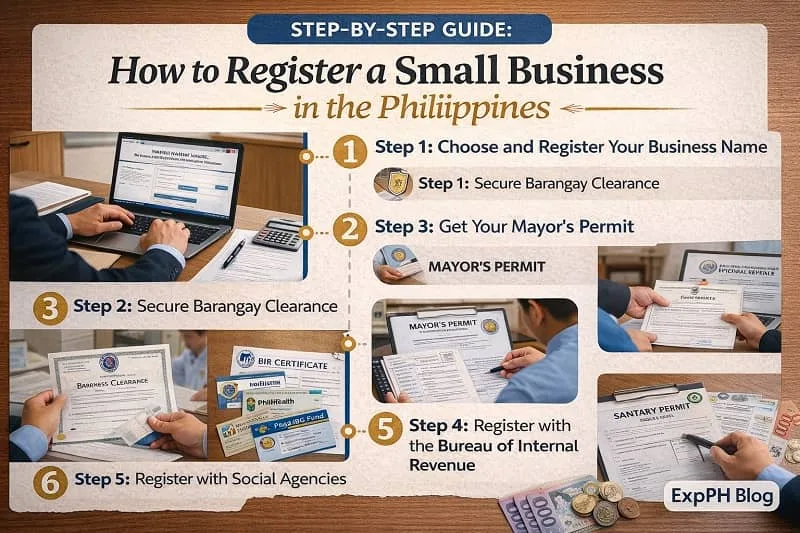 Infographic showing six steps to register a small business in the Philippines including DTI registration, Barangay clearance, Mayor’s permit, BIR registration, social agencies, and special permits with ExpPH Blog logo