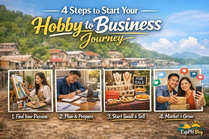 Filipino entrepreneur journey showing four steps from hobby to business including painting, planning, selling products, and online marketing with ExpPH Blog logo